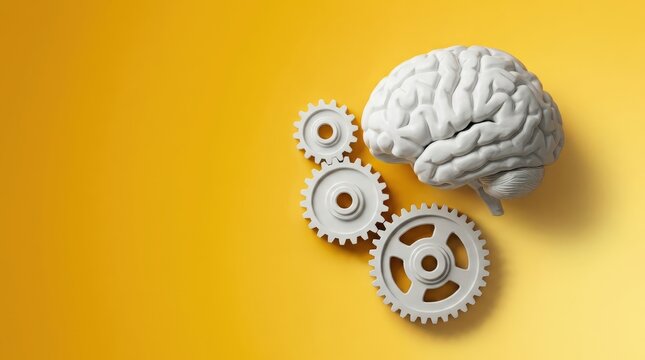 Human brain with interlocking gears symbolizing cognitive innovation with evoking themes cognitive processes mechanical integration set against bright yellow gradient background