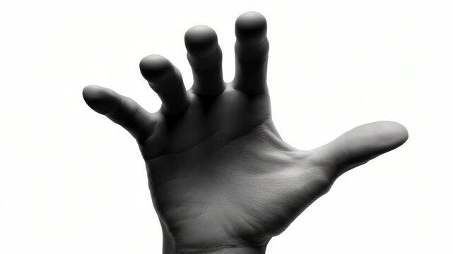 Hand extended open, palm facing forward. Fingers slightly apart, fingers curved. Soft shadows define hand's contours. White background enhances contrast. Human hand, natural skin texture
