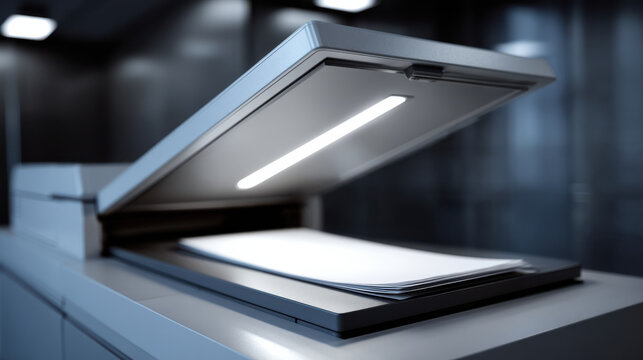 Open copy machine with stack of paper modern office equipment close up bright light technology workplace document business