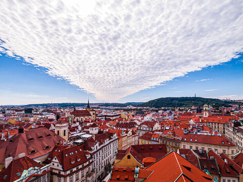 Prague, Czech Republic - September 14, 2012: Panoramic View of Prague Old Town from the Old Town Hall Tower Under Dramatic Altocumulus Clouds