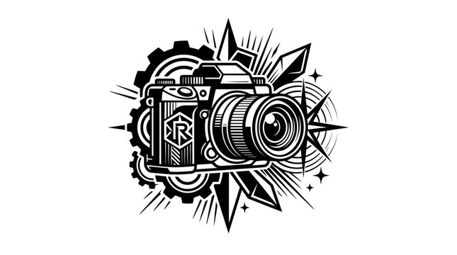 Stylized Camera Graphic with Gears and Abstract Elements