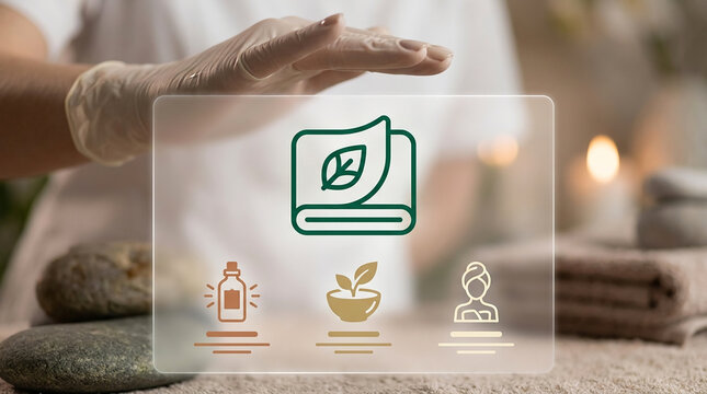 Professional beautician hand in glove interacting with futuristic digital holographic spa service menu featuring aromatherapy and skincare icons.