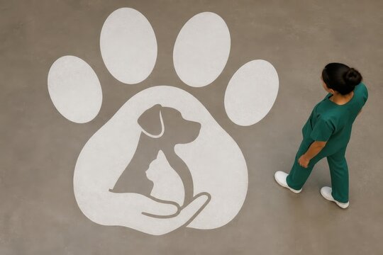 Veterinary care worker near pet paw print floor graphic