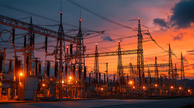 High Voltage Electrical Substation Grid With Power Lines Against A Vibrant Sunset Evening Sky