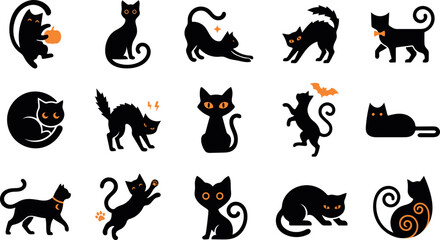 Obraz premium Set of cute black cats in various poses for halloween decorations and festive holiday design elements