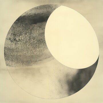 Abstract circular artwork divided into black white and beige textured quadrants in minimalist geometric composition.