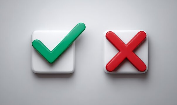 Green checkmark and red cross symbols on light gray background representing right or wrong choice approval rejection success failure yes no concepts.