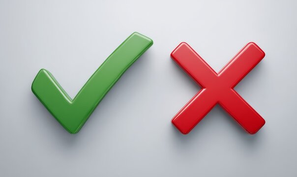 Green checkmark and red cross symbols on light gray background representing right or wrong choice approval rejection success failure yes no concepts.