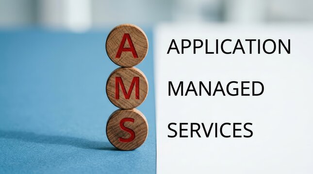 Professional wooden block stack with three stacked wooden blocks red lettering spelling AMS against clean blue background modern business presentation