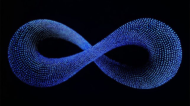Blue glowing neon infinity symbol made of light particles on black background representing endless loop eternal continuity and unlimited energy concept.