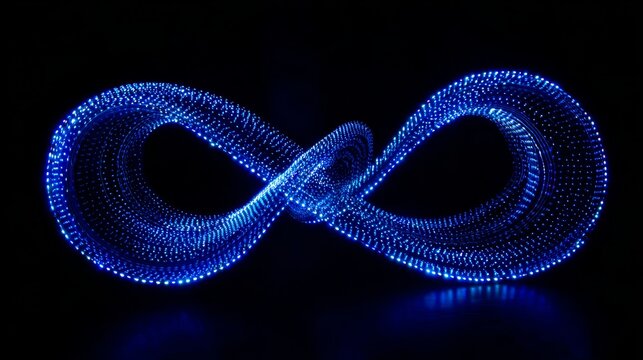 Blue glowing neon infinity symbol made of light particles on black background representing endless loop eternal continuity and unlimited energy concept.