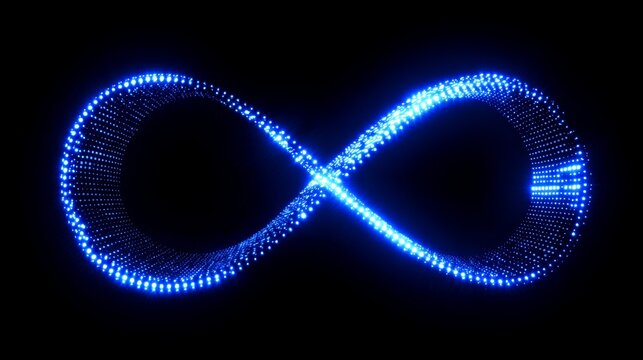 Blue glowing neon infinity symbol made of light particles on black background representing endless loop eternal continuity and unlimited energy concept.