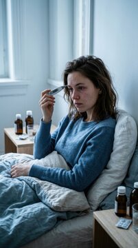 Young Woman Feeling Unwell Checking Her Temperature In Bed