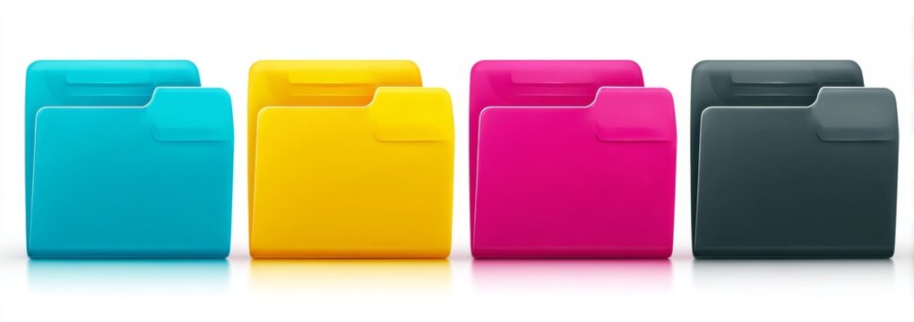Colorful folder icons in blue yellow pink gray for file organization document management data storage and office concept.