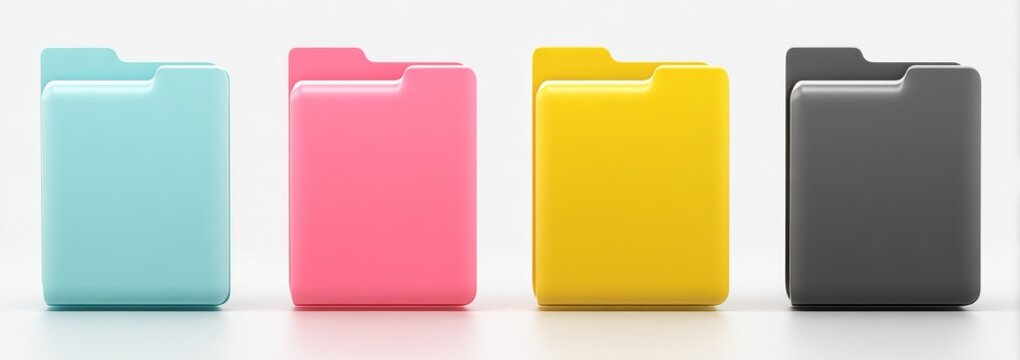 Colorful folder icons in blue yellow pink gray for file organization document management data storage and office concept.