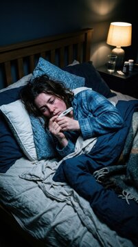 Young Woman Feeling Unwell Taking Her Temperature In Bed At Night