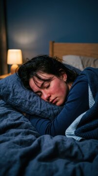 Young Woman Sleeping Soundly In A Cozy Bedroom At Night With Warm Lighting