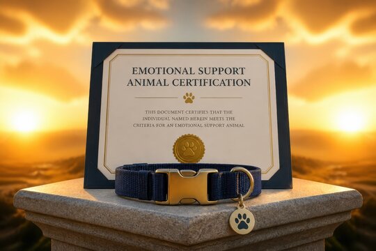 Emotional support animal certification with dog collar and paw tag