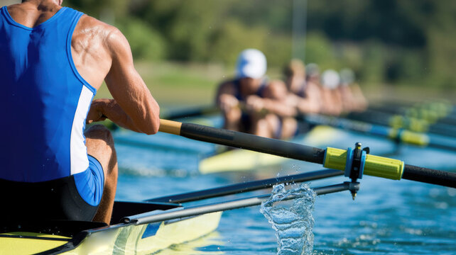 Athletic rower pulling oar through water during competitive regatta race with rear perspective athletic athlete
