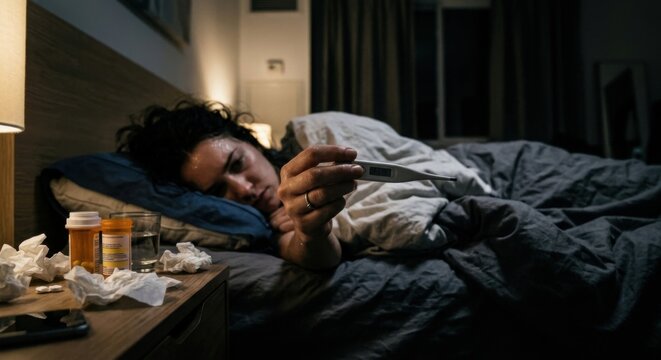 Woman Sick In Bed Checking Temperature With Thermometer