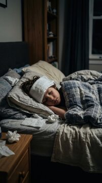 Young Person Resting In A Messy Bed With A Cold And Flu Symptoms