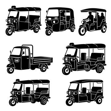 Set of black silhouettes of various tuk tuk rickshaw vehicles isolated on white background.