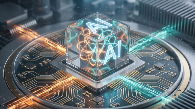 Advanced neural network processor core displaying glowing atomic energy inside transparent cube representing deep learning analytics