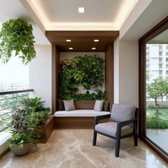 Fototapeta premium Modern balcony design with cozy seating, lush green plants, marble floor, natural light, and city view creates peaceful urban retreat