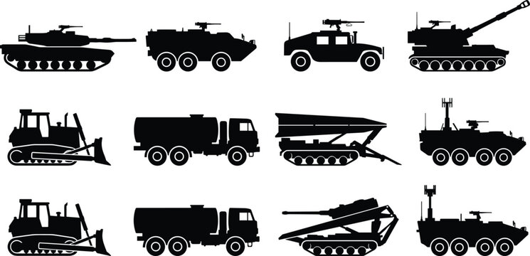 Set of black silhouettes of military vehicles, armored tanks, transport trucks, and combat machinery