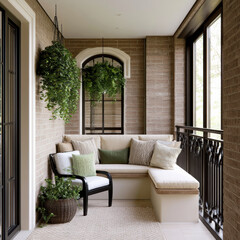 Fototapeta premium Cozy small balcony design with beige sofa, green plants, decorative pillows, black chair, brick wall, and large windows create peaceful retreat
