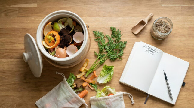 Top down view of a kitchen compost bin filled with food scraps next to a sustainability journal representing zero waste lifestyle, organic recycling, and eco friendly habits.