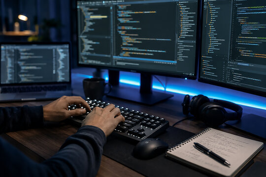 Software developer typing program code on mechanical keyboard late at night with dual monitors setup displaying computer programming script, laptop, and notebook in dark room with blue LED lighting