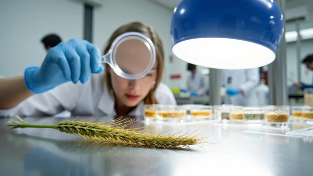 A scientist in a laboratory looking at plant material through a microscope.