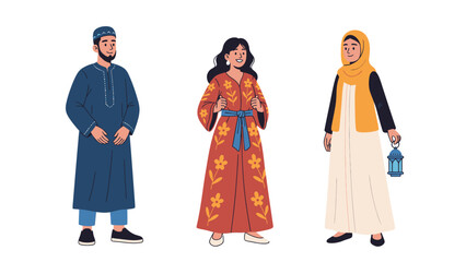 Naklejka premium Three people in traditional Middle Eastern clothing, two women and one man, standing together.