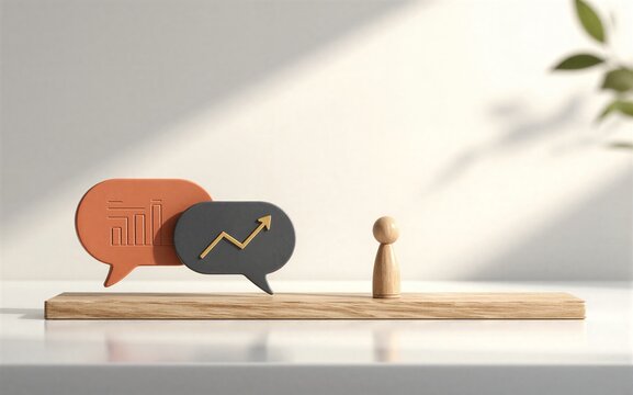 Two speech bubbles with data and growth symbols stand beside a small wooden figure.