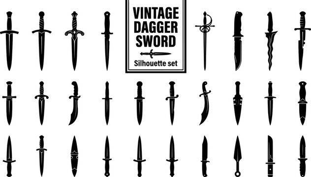 Vintage Dagger Sword Weapon Tattoo Silhouette Set Black White Bundle Vector Illustration