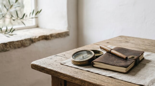 Vintage notebook and compass on rustic wooden table near window