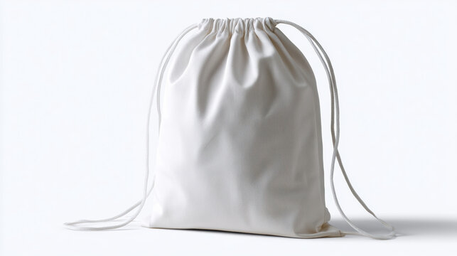 Plain white canvas drawstring bag, minimalist style, soft texture, isolated on white background, versatile and practical accessory