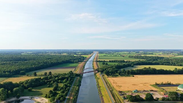Aerial landscape with river canal among agricultural filed. Canal aerial view. Travel and logistics. River canal aerial 4k footage