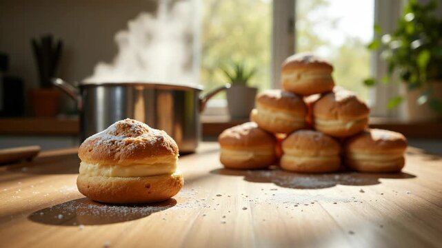 Golden pastries rest on wooden table. Steam rises from pot in background kitchen. Sunlight bathes scene through window. Dusty sugar dusts surface softly. Plants sit quietly behind blurred pan