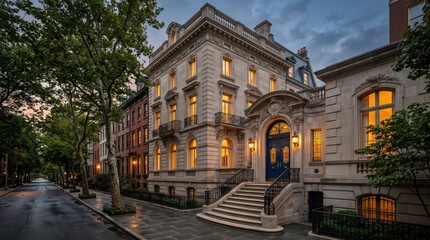 Fototapeta premium Stone townhouse row with blue arched door and wet street