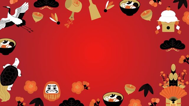 赤背景の縁起物イラストが動くお正月フレームアニメーション