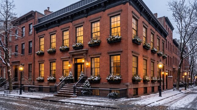 Red brick corner townhouse on snowy street with lit windows