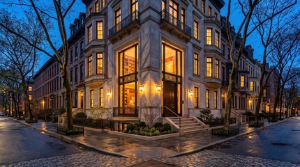 Obraz premium Corner townhouse entrance with large windows and wet pavement