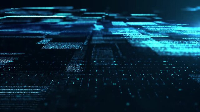 Abstract digital data matrix grid with flowing blue and green particles creating a sense of dynamic technological innovation.