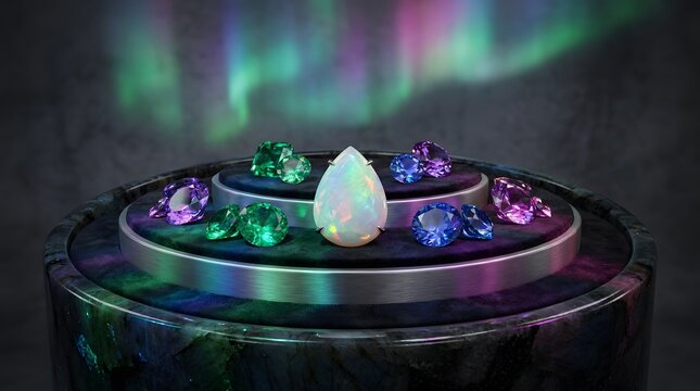Mystical Gemstone Display with Aurora Borealis Lighting.