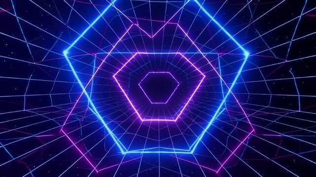 奥行きのあるネオンライトが網目状にある空間を奥に行く, generative ai