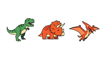 Fototapeta premium Three cute cartoon dinosaurs including a Tyrannosaurus Rex, Triceratops, and Pterodactyl flying.