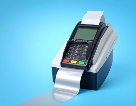 Terminal cash register machine POS for payments and long roll cash tape on blue background. Copy space for text.
