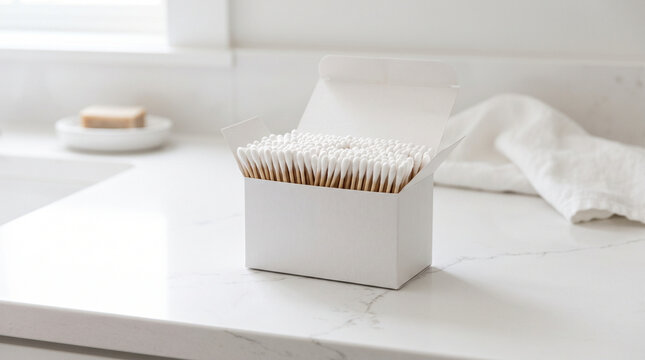 Eco-friendly bamboo cotton swabs in box on clean bathroom counter